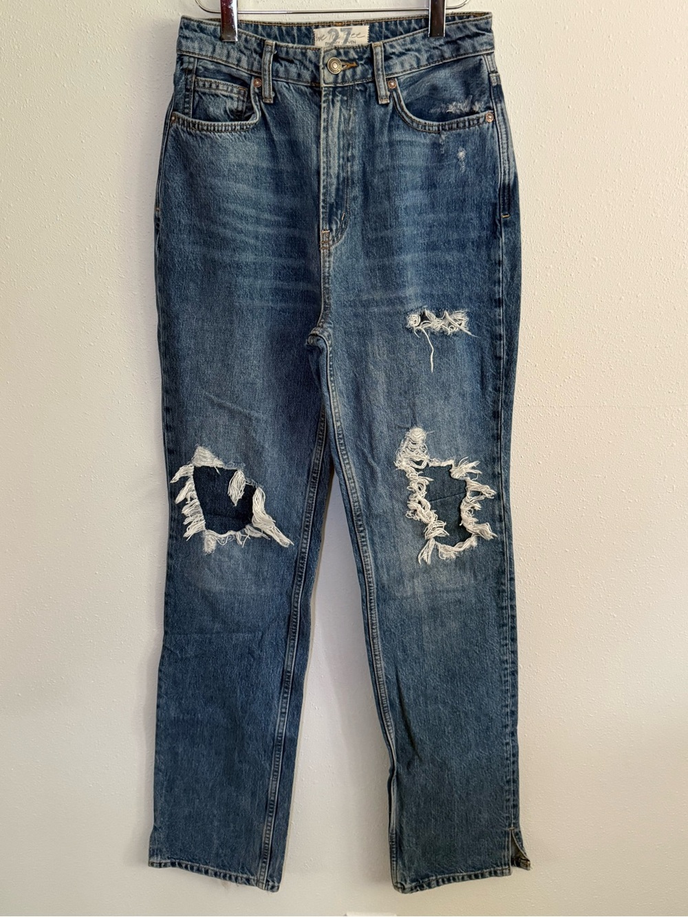 We The Free Free People Distressed Patchwork Straight Jeans 27 Medium Wash